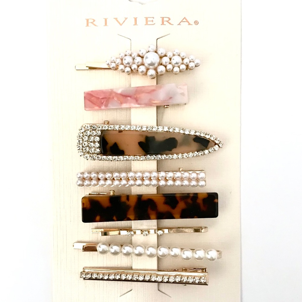 Riviera 8 Pc. Barettes Pins Embellished Goldstone Faux Pearl Rhinestones…